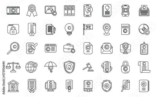 Copyright law icons set outline vector. Author contract. Property patent