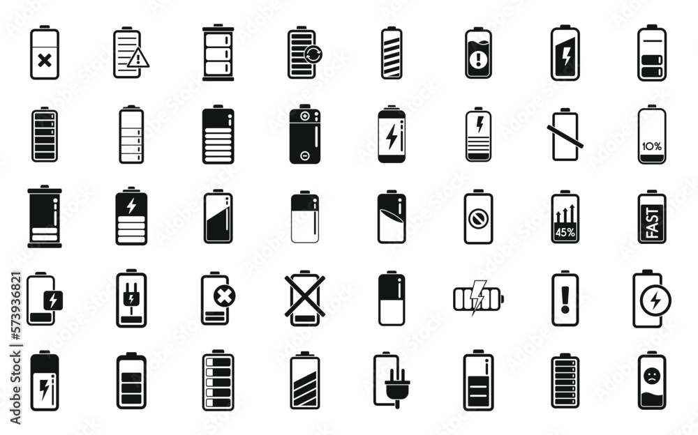 Battery charge icons set simple vector. Charge energy. Power phone Battery charge icons set simple vector. Charge energy. Power phone