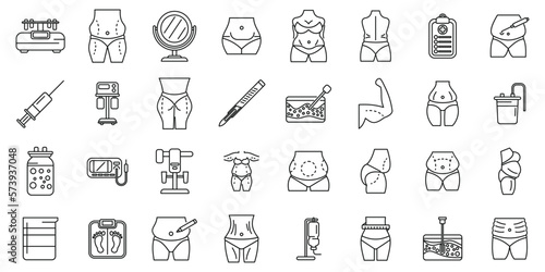 Liposuction icons set outline vector. Waist women. Belly body