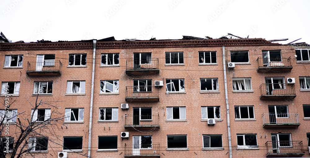 War of Russia against Ukraine. View of a civilian building damaged following a Russian rocket attack the city of Kyiv, Ukraine
