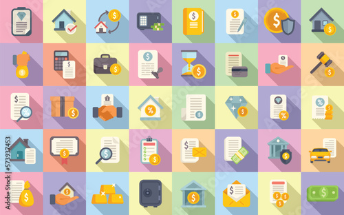 Collateral icons set flat vector. Credit property. Loan tax