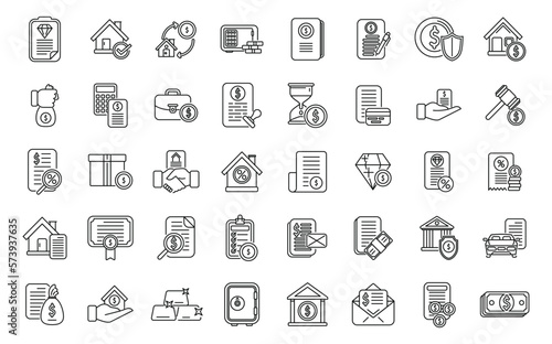 Collateral icons set outline vector. Credit property. Loan tax