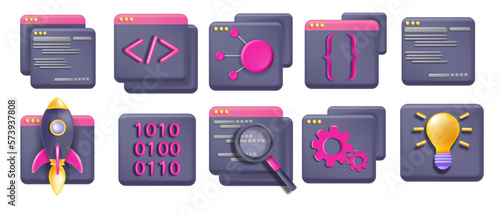 3D code icon set, python abstract api, vector technology computer design, business programming frame. Java web development html concept, UI program interface window. 3D code graphic website clipart