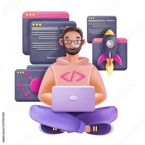 3D programmer male character, vector cartoon young webdesign freelancer, python code sign, laptop. Remote technology worker, young sitting man student studying UX. 3D programmer engineer illustration