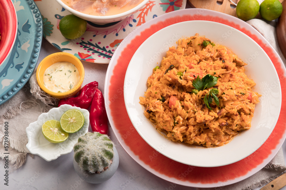 Arroz con mariscos Sea food ceviche Assorted food plates Peru traditional comfort food buffet table