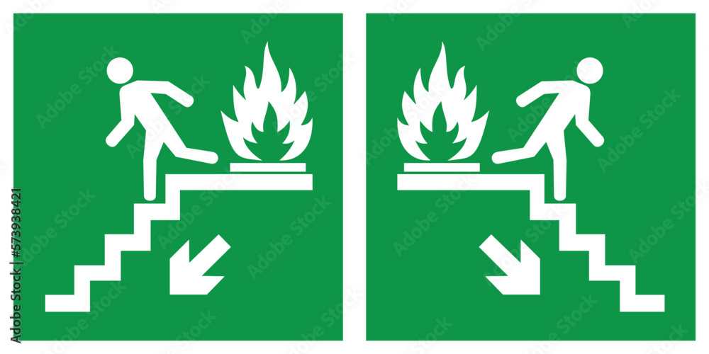 Emergency fire exit downwards stairs, fire escape route signs, vector