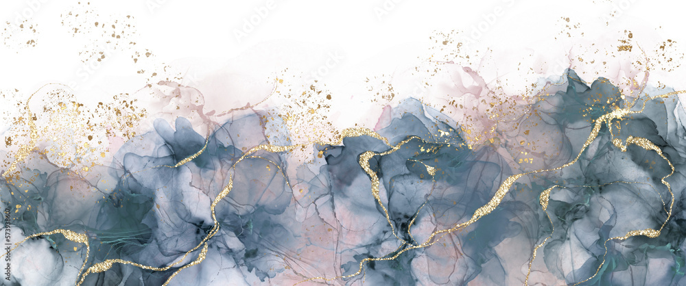 abstract background drawn with alcohol ink technique, liquid painting supplemented with gold ornaments, watercolor painting, transparent background, png  - obrazy, fototapety, plakaty 