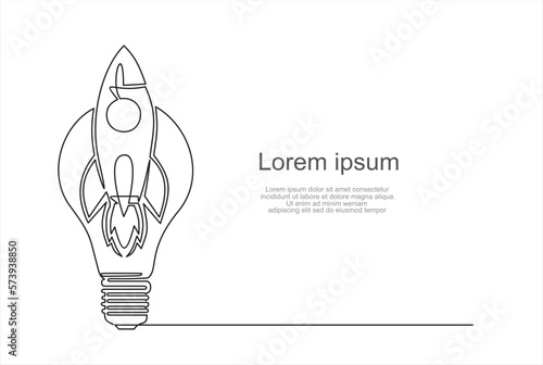 Continuous one single line drawing of Rocket launching to space with light bulb, launching a creative idea, a scientific invention or a research light bulb, starting a new business.