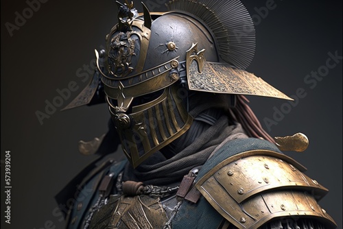 Gloomy samurai warrior with armor, black background. Generative AI