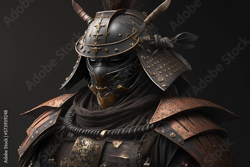 Gloomy samurai warrior with armor, black background. Generative AI