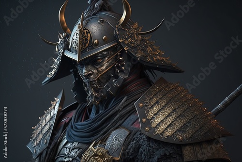 Gloomy samurai warrior with armor, black background. Generative AI