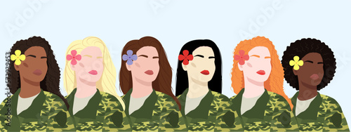 Six military women of different nationalities standing together. Women's friendship, union of feminists or sisterhood. Asian, african, european girls. Banner