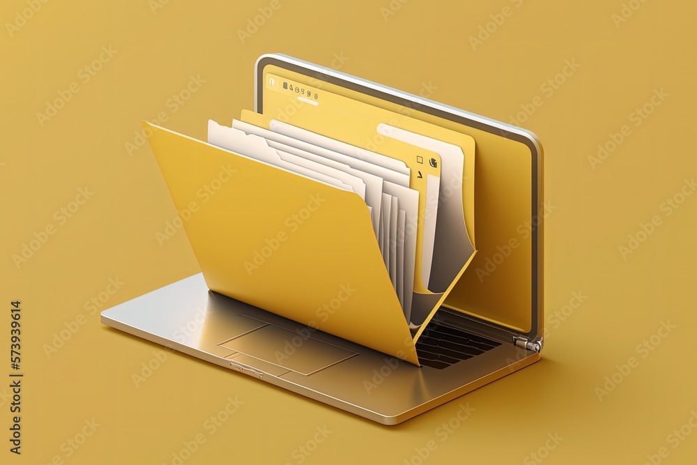File folder on laptop screen, yellow background. Generative AI - obrazy, fototapety, plakaty 