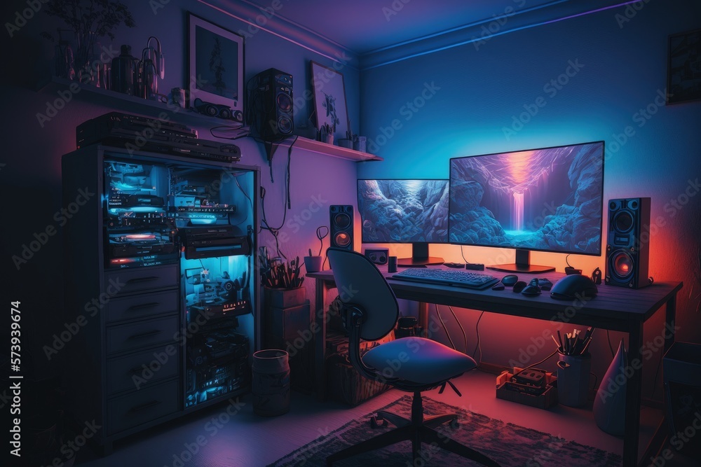 Gamer room with setup, gamer pc, gradient background. Generative AI Stock  Illustration