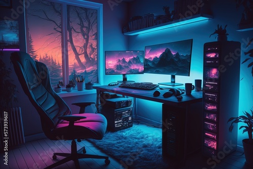 Gamer room with setup, gamer pc, gradient background. Generative AI