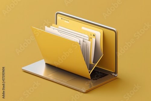 Naklejka File folder on laptop screen, yellow background. Generative AI