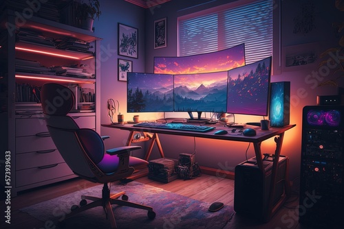 Gamer room with setup, gamer pc, gradient background. Generative AI photo