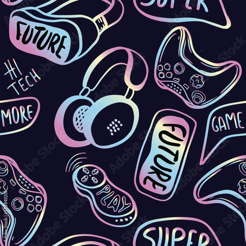 bright seamless pattern with joystick, headphones, virtual reality glasses. Future gadgets background. Suitable for textiles, sportswear, web
