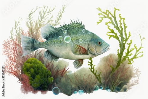 Fish and coral illustration on white background  painting style. Generative AI