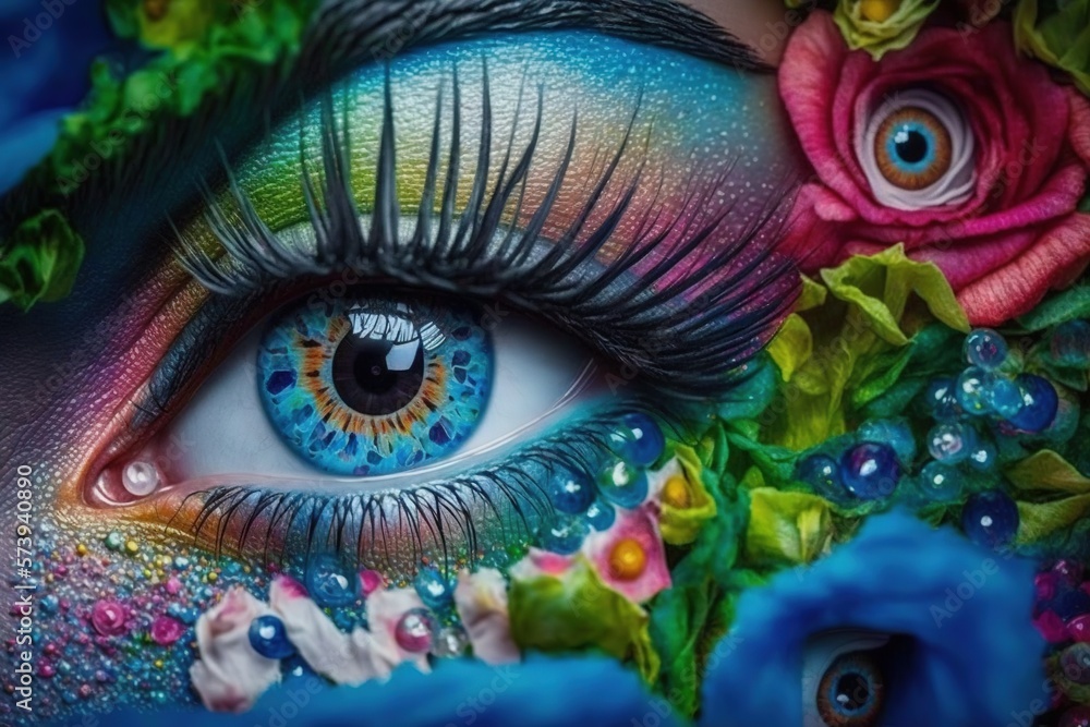  a close up of a person's eye with colorful makeup.  generative ai