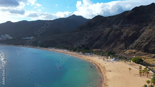 Aerial of Canary resort, white sandy beach Playa De Las Teresitas, Tenerife, Spain photo