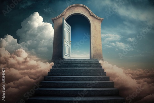 Landscape with stairs and door at the top, sky and clouds in the background. Generative AI