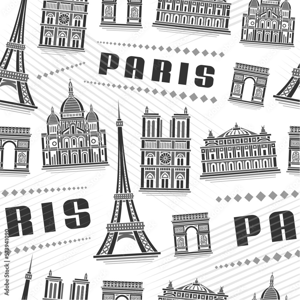Fototapeta premium Vector Paris Seamless Pattern, square repeat background with illustration of decorative paris city scape on white background for wrapping paper, monochrome line art urban poster with black text paris