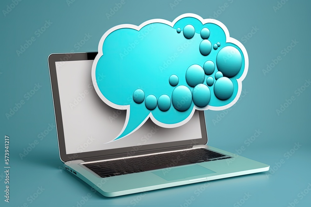Speech bubble on laptop screen, blue background. Generative AI Speech bubble on laptop screen, blue background. Generative AI