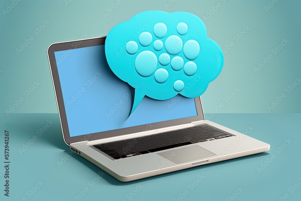 Speech bubble on laptop screen, blue background. Generative AI Speech bubble on laptop screen, blue background. Generative AI