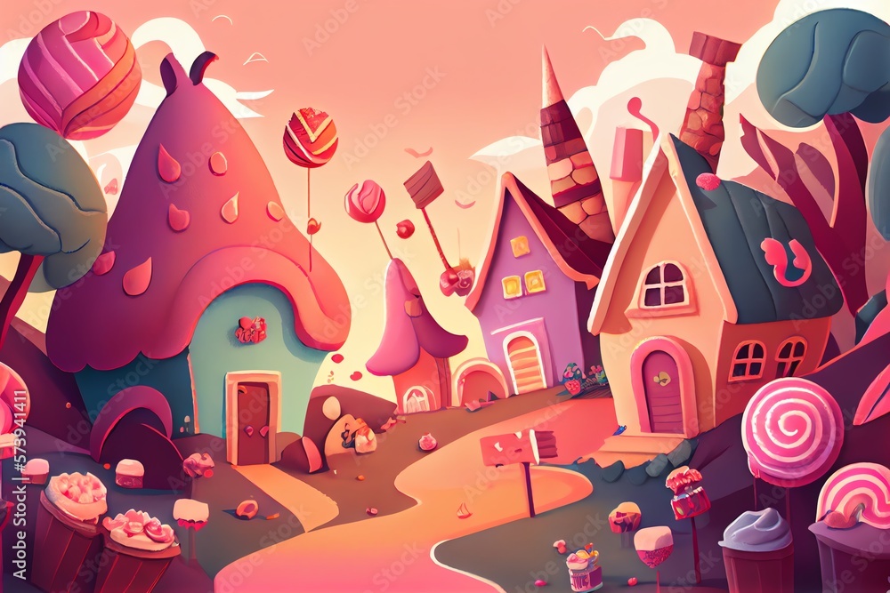 ai midjourney generated fantasy illustration of a small cute candy village. Generative AI