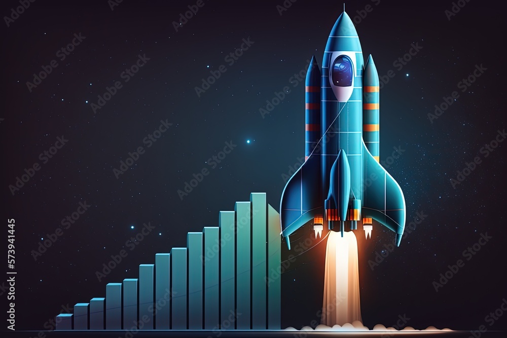 Obraz premium Rocket ship and bar chart illustration, blue background. Generative AI