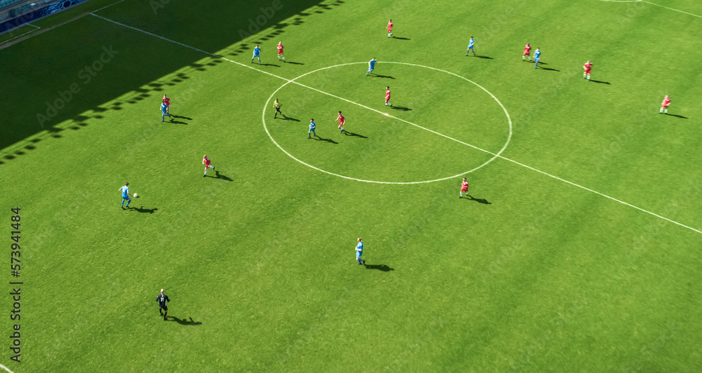 Aerial Top Down View of Soccer Football Field and Two Professional Teams Playing. Passing