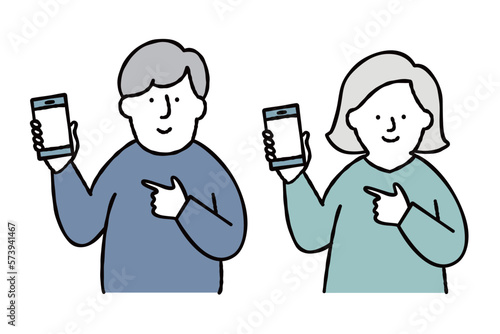 スマホを操作する男性と女性のイラストセット素材　　ブルー