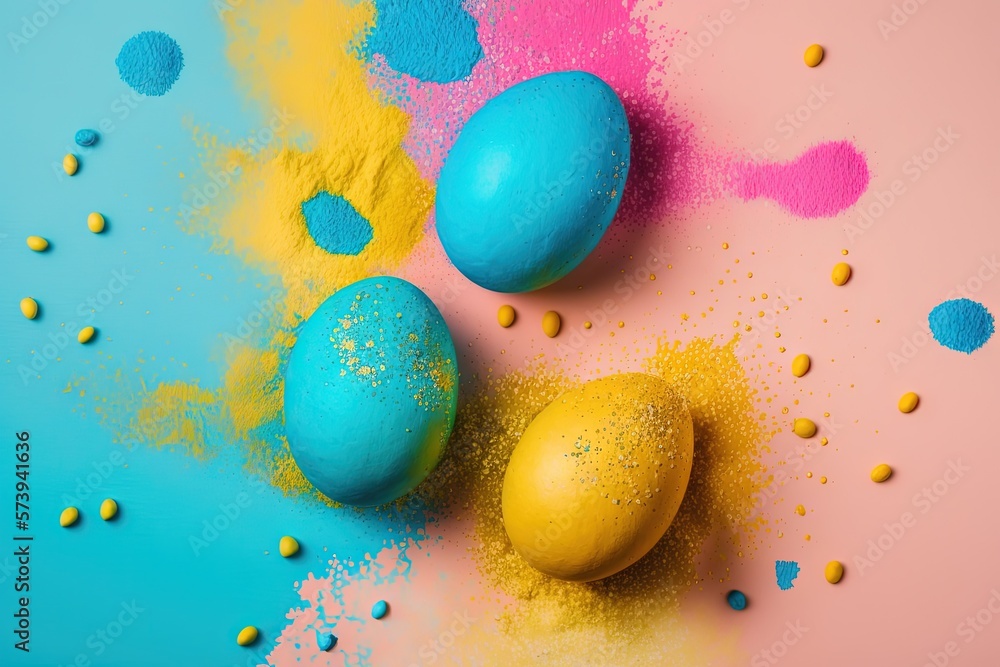 two blue and yellow eggs on a pink and blue background. generative ai two blue and yellow eggs on a pink and blue background. generative ai