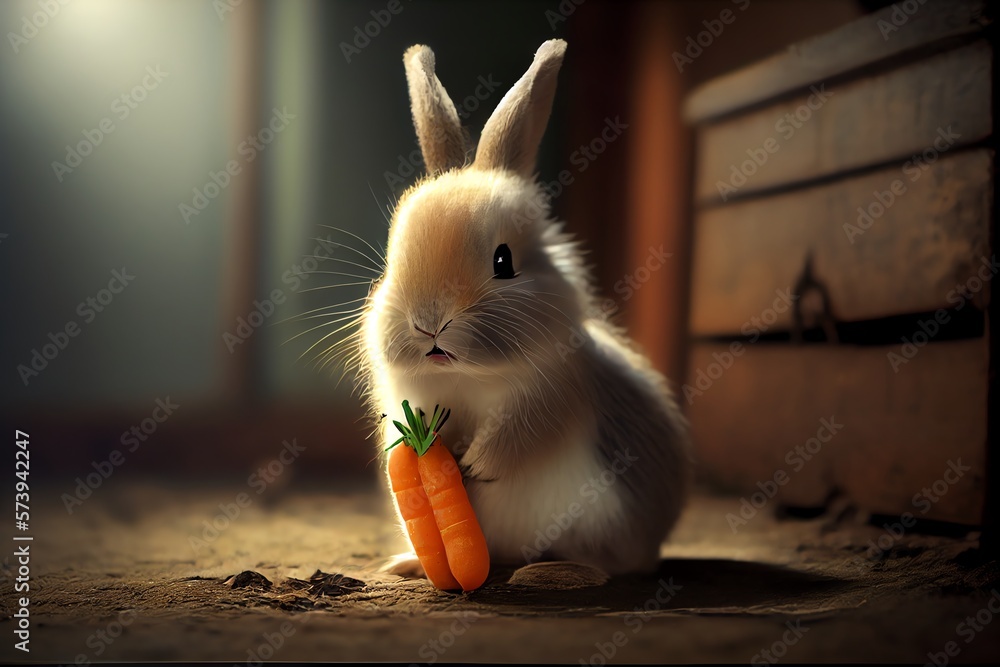 Obraz premium Cute Easter Bunny Holding a Carrot. Generative AI