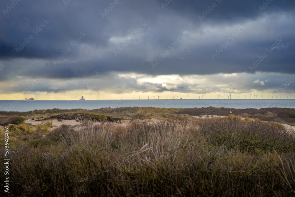 Wind turbines at the horizont on North Sea, Katwijk