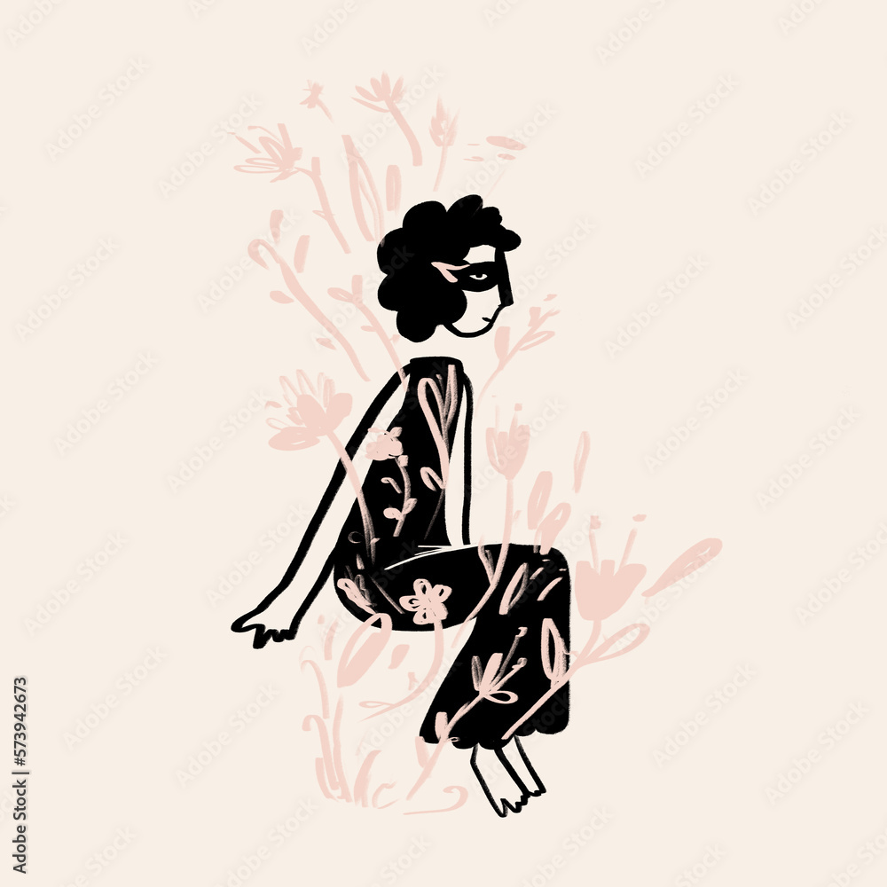 Flat design of calm woman sitting among flowers Flat design of calm woman sitting among flowers