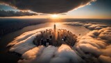 New York City at sunrise, aerial view. Generative ai illustration.