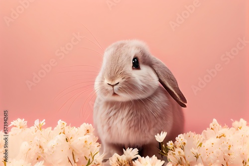 Cute easter rabbit with meadow flowers and grass on pink background with empty space for text or product. Currious small bunny symbol of spring and easter. Generative AI photo