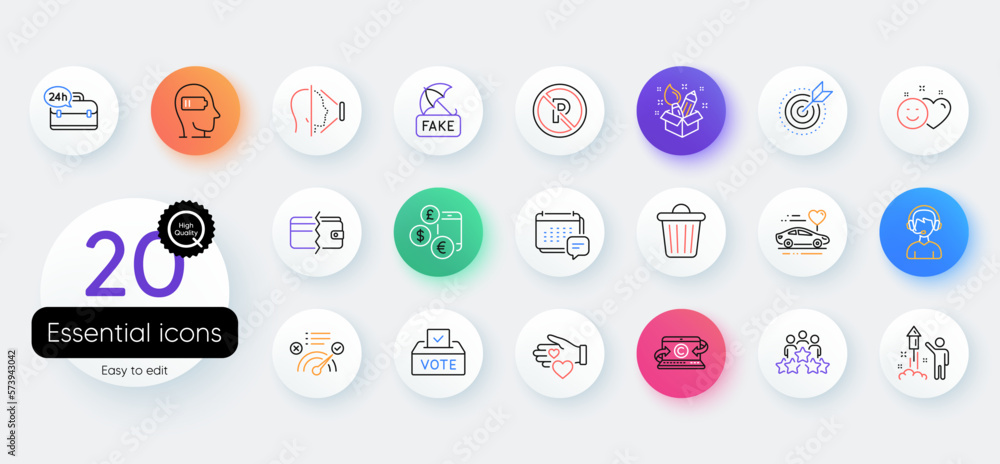 Simple set of Smile, Honeymoon travel and Fake news line icons. Include Vote box, Face id, Correct answer icons. Volunteer, Consultant, Payment methods web elements. Weariness. Vector Simple set of Smile, Honeymoon travel and Fake news line icons. Include Vote box, Face id, Correct answer icons. Volunteer, Consultant, Payment methods web elements. Weariness. Vector