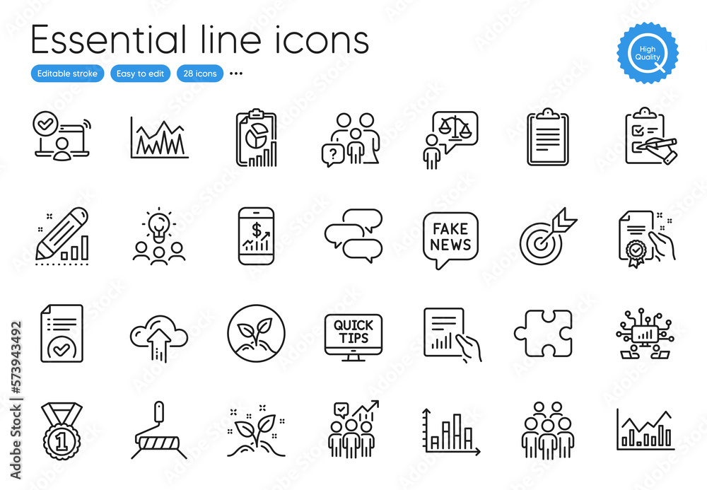 Web tutorials, Group people and Diagram graph line icons. Collection of Puzzle, Infochart, Mobile finance icons. Report, Edit statistics, Business statistics web elements. Talk bubble. Vector