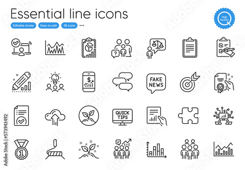 Web tutorials  Group people and Diagram graph line icons. Collection of Puzzle  Infochart  Mobile finance icons. Report  Edit statistics  Business statistics web elements. Talk bubble. Vector