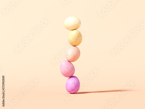 Flying multicolor Easter eggs on pink background  holiday decoration. 3d render