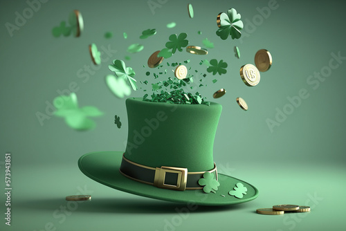 Four-leaf green clover hat and gold coins for good luck on St. Patrick's Day, bright green background, spring holiday concept, symbol of plant clover. Generative AI.