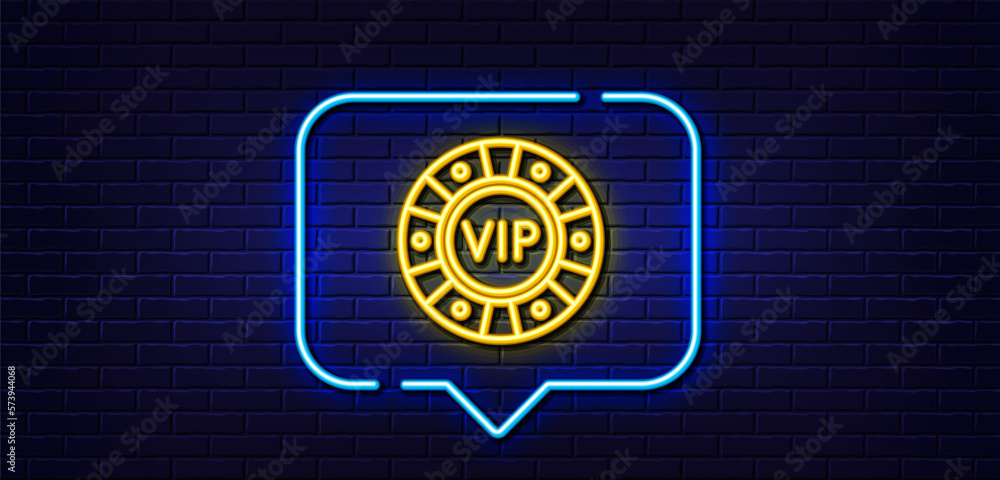 Neon light speech bubble. Vip poker chip line icon. Very important person casino sign. Member club privilege symbol. Neon light background. Vip chip glow line. Brick wall banner. Vector Neon light speech bubble. Vip poker chip line icon. Very important person casino sign. Member club privilege symbol. Neon light background. Vip chip glow line. Brick wall banner. Vector