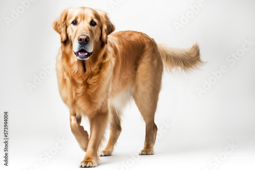Golden Retriever dog stands on a white background, positioned sideways. Pet looks straight to the camera. View of the whole silhouette on isolated backdrop. Advertising illustration. Generative AI.