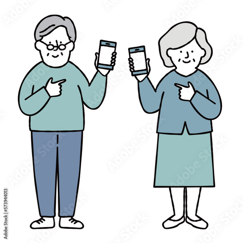 スマホを操作する男性と女性のシニアのイラストセット素材　おじいちゃん　おばあちゃん　ブルー