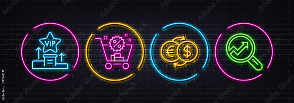 Money exchange, Vip podium and Shopping cart minimal line icons. Neon laser 3d lights. Analytics icons. For web, application, printing. Eur to usd, Exclusive privilege, Discount. Vector