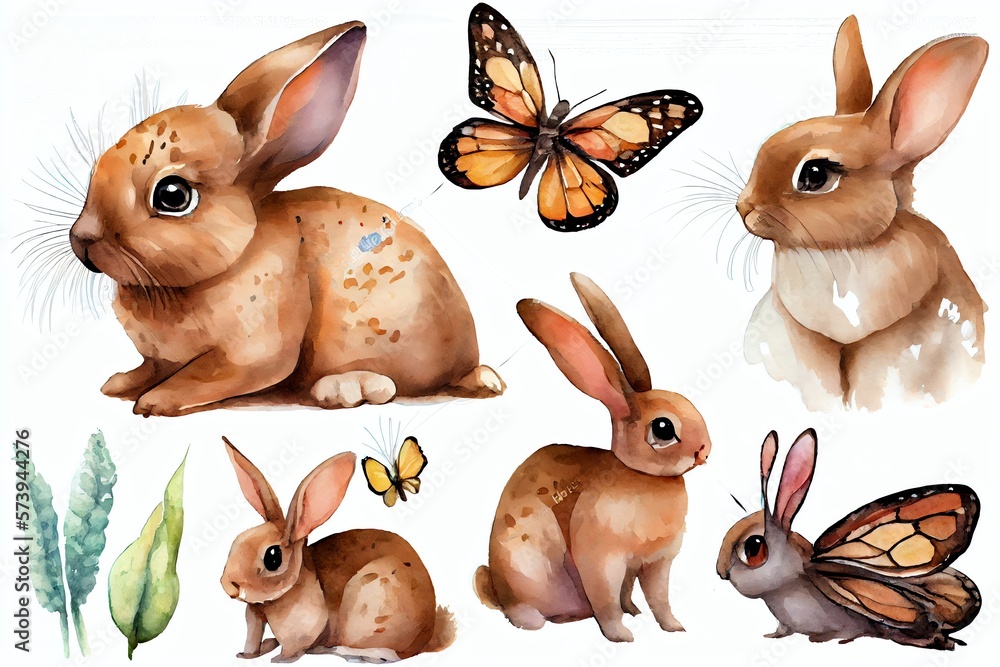 Rabbit and butterfly. baby bunny on isolated white background. Watercolor hand drawn illustration. Set of cute animals. Generative AI