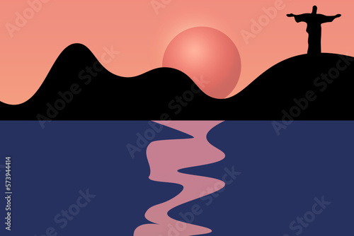 Sunset brazilian landscape with silhouette of jesus christ on the hill. Dawn on the beach. Art picture with symbol of rio.